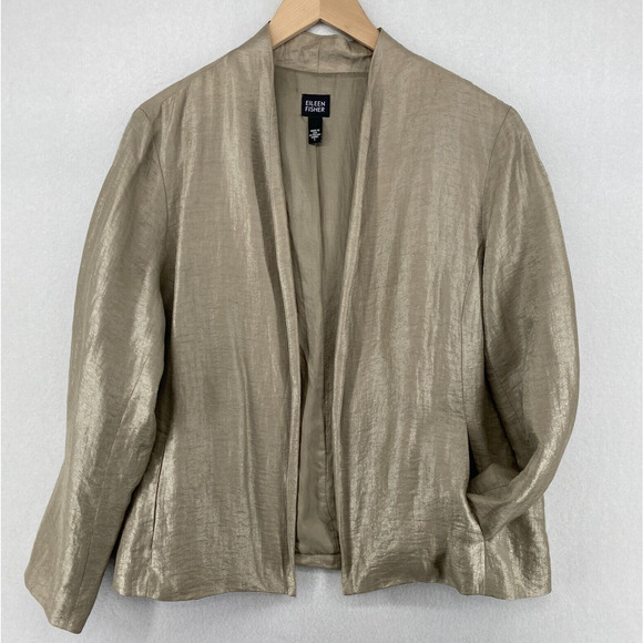 EILEEN FISHER Blazer L Linen Nylon Sparkle Shine Open Front Long Sleeve Beige - Picture 1 of 14